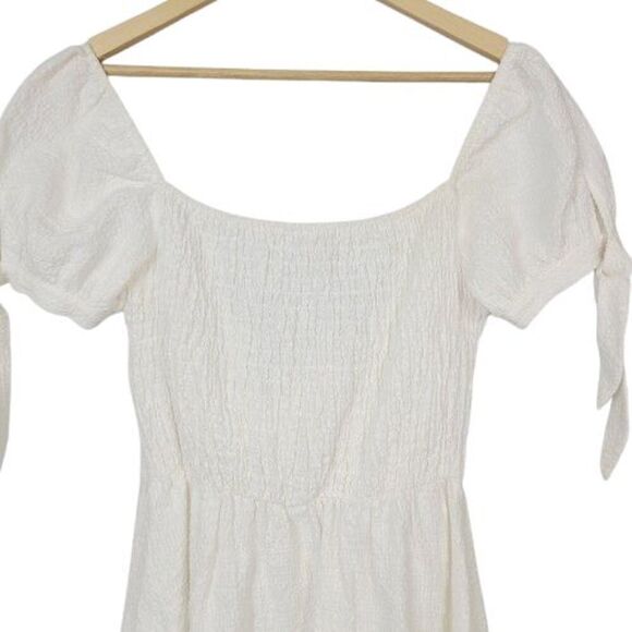 Le Rumi Bow Dress S White Seersucker Off Shoulder Tie Sleeve Smocked A-Line Mini - Picture 5 of 10